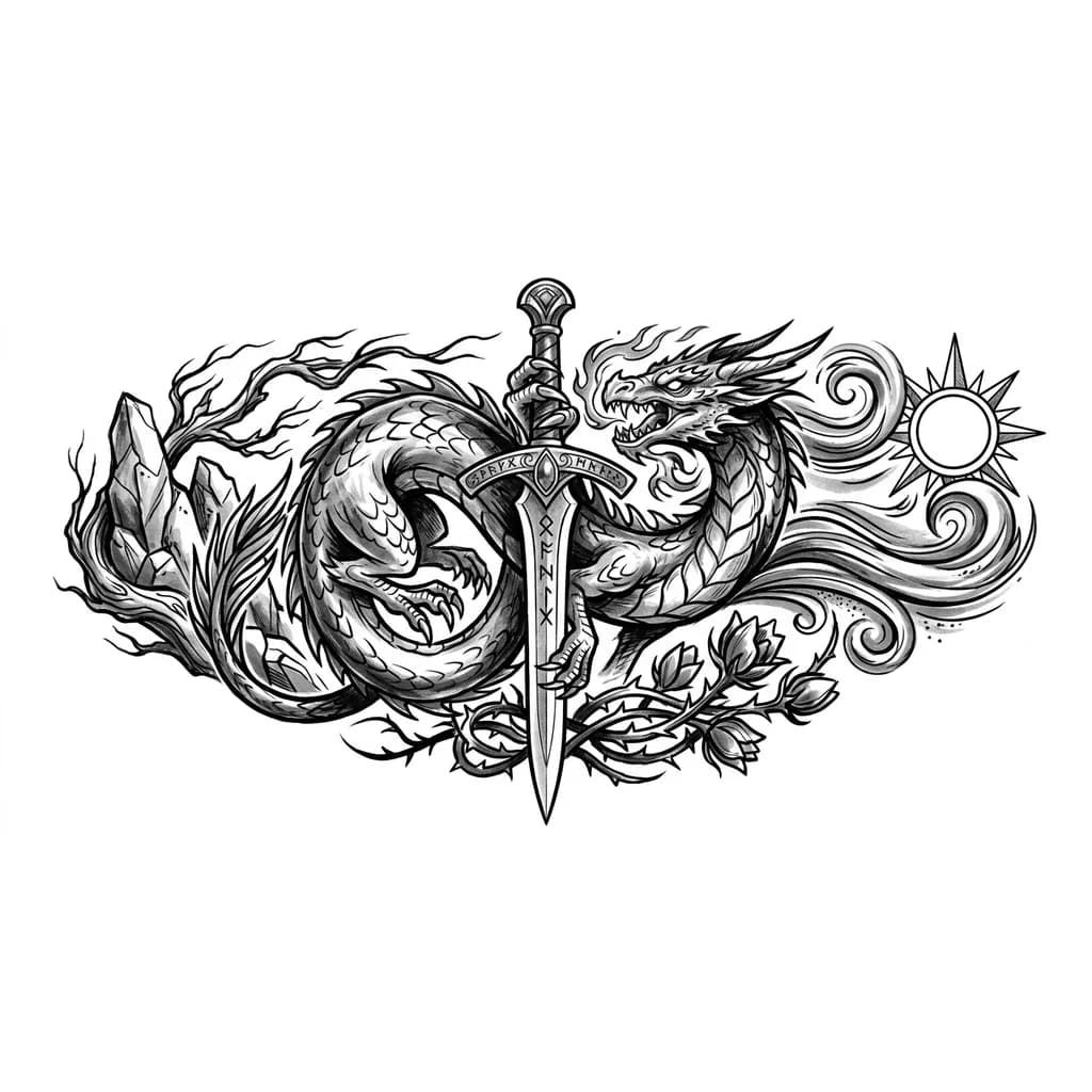 Тату эскиз: Дракон с мечом и дополнительными элементами 
