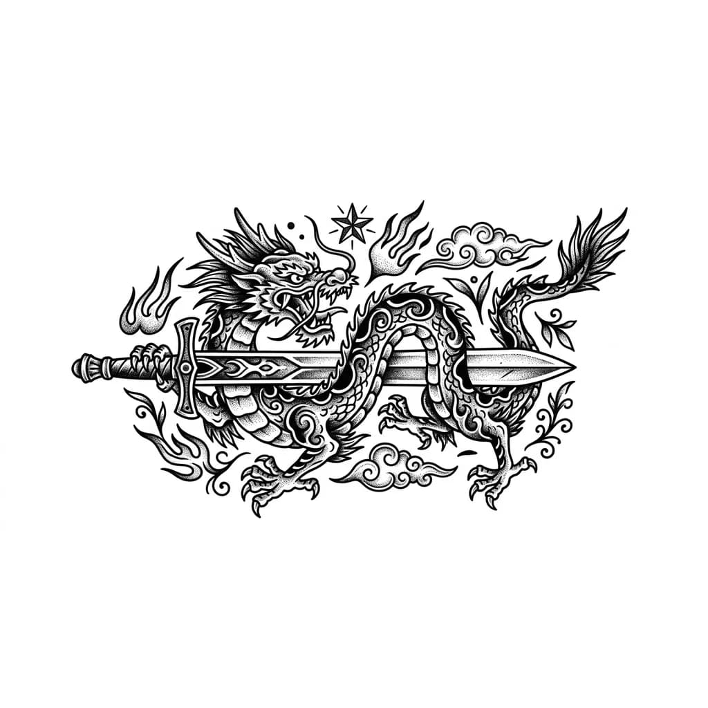 Тату эскиз: Дракон с мечом и дополнительными элементами 