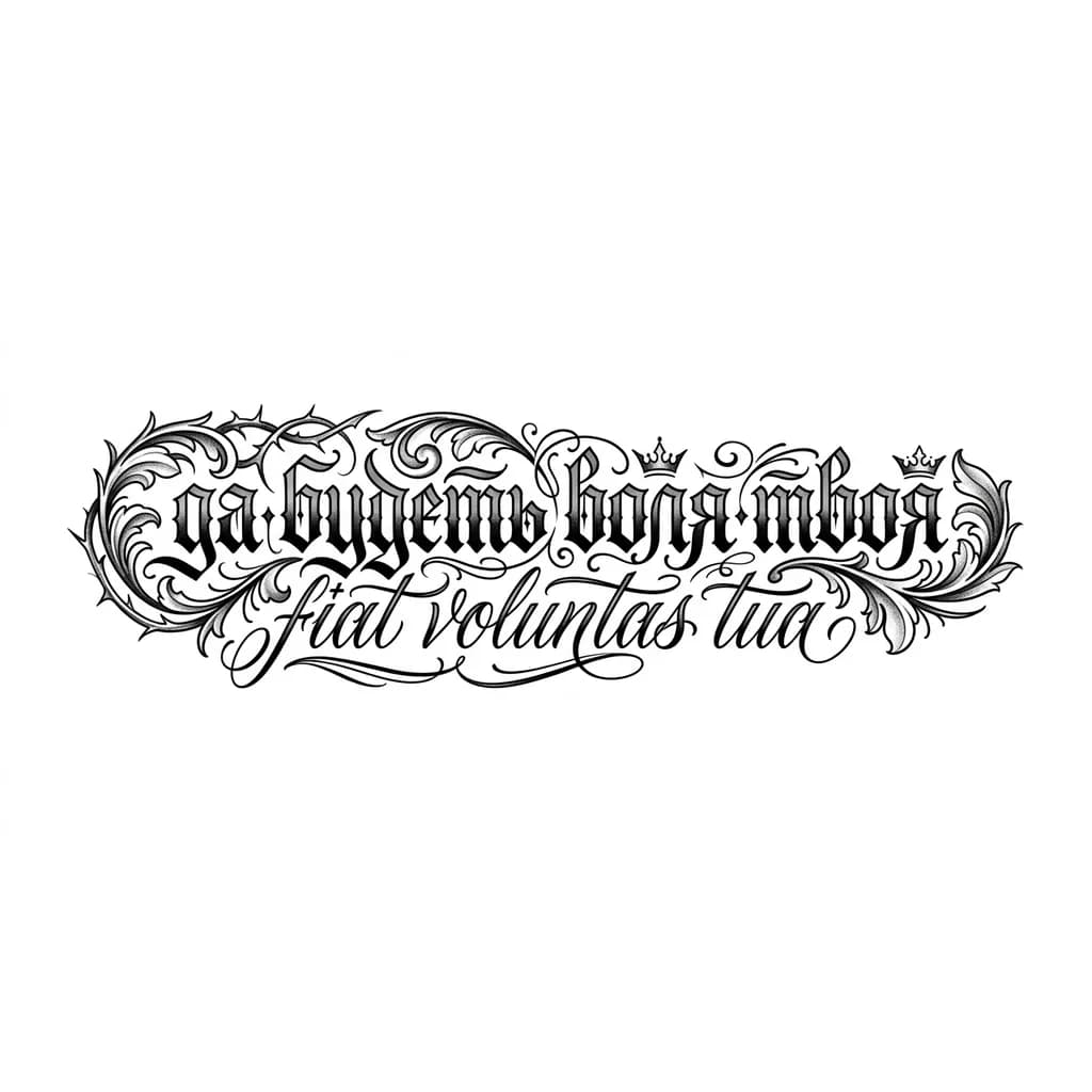 Тату эскиз: Надпись на латыни да будет воля твоя и подходящая символика 