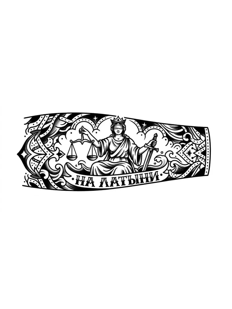 Тату эскиз: Фемида с надписью на латыни на предплечье 