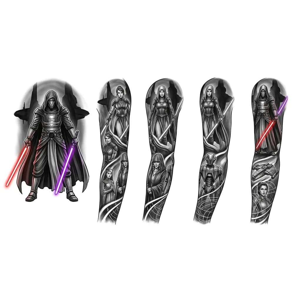 Тату эскиз: Full sleeve tattoo concept, black and grey realistic style with selective color. On the shoulder — large heroic full-body Darth Revan in powerful stance, flowing cape, iconic mask, dual wielding lightsabers: one bright red, one vibrant purple. Background behind him — subtle Star Forge silhouette. Black and grey elements around the arm: Bastila Shan, Visas Marr, Handmaiden, Kreia in smaller full-body poses, HK-47 droid, flying Ebon Hawk spaceship, Mira, ancient Star Map holographic lines. 