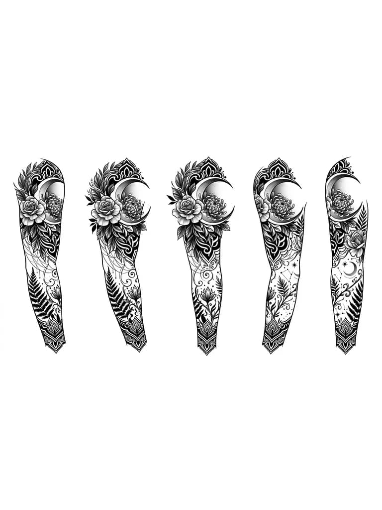 Тату эскиз: black-and-grey tattoo sleeve blends botanical and celestial motifs. Large, detailed flowers with lifelike petals grace the upper arm, complemented by cascading leaves. A crescent moon—rendered with soft gradients—anchors the design, linked to foliage by delicate, web-like lines. The artist masterfully uses deep blacks and subtle greys to create depth. The composition follows the arm’s contour, balancing detail and negative space. Mysterious yet elegant, with art nouveau influences.