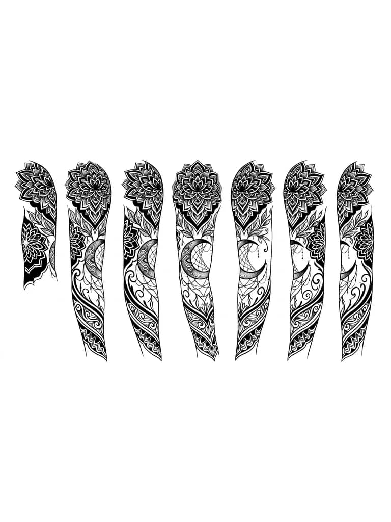 Тату эскиз: This is a striking blackwork cover-up tattoo on the forearm. The design features large, detailed floral elements at the top, transitioning into delicate leaves and a prominent crescent moon in the centre. Intricate web-like lines connect the moon to the foliage, creating a mystical atmosphere. The bold black shading and fine linework are characteristic of blackwork style, effectively concealing older tattoos beneath. Elegant and enigmatic.