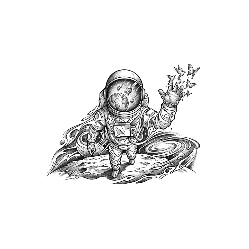 Тату эскиз: Космическая тема. Космонавт в отражении скафандра падающие астероиды на землю