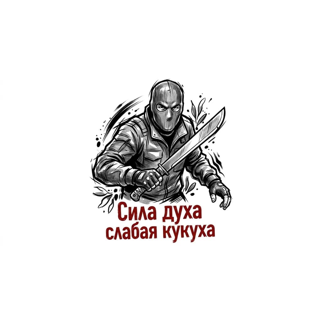 Тату эскиз: Мужчина в маске, в руке мачета, стиль Россия и красным цветом написано Сила духа  слабая кукуха