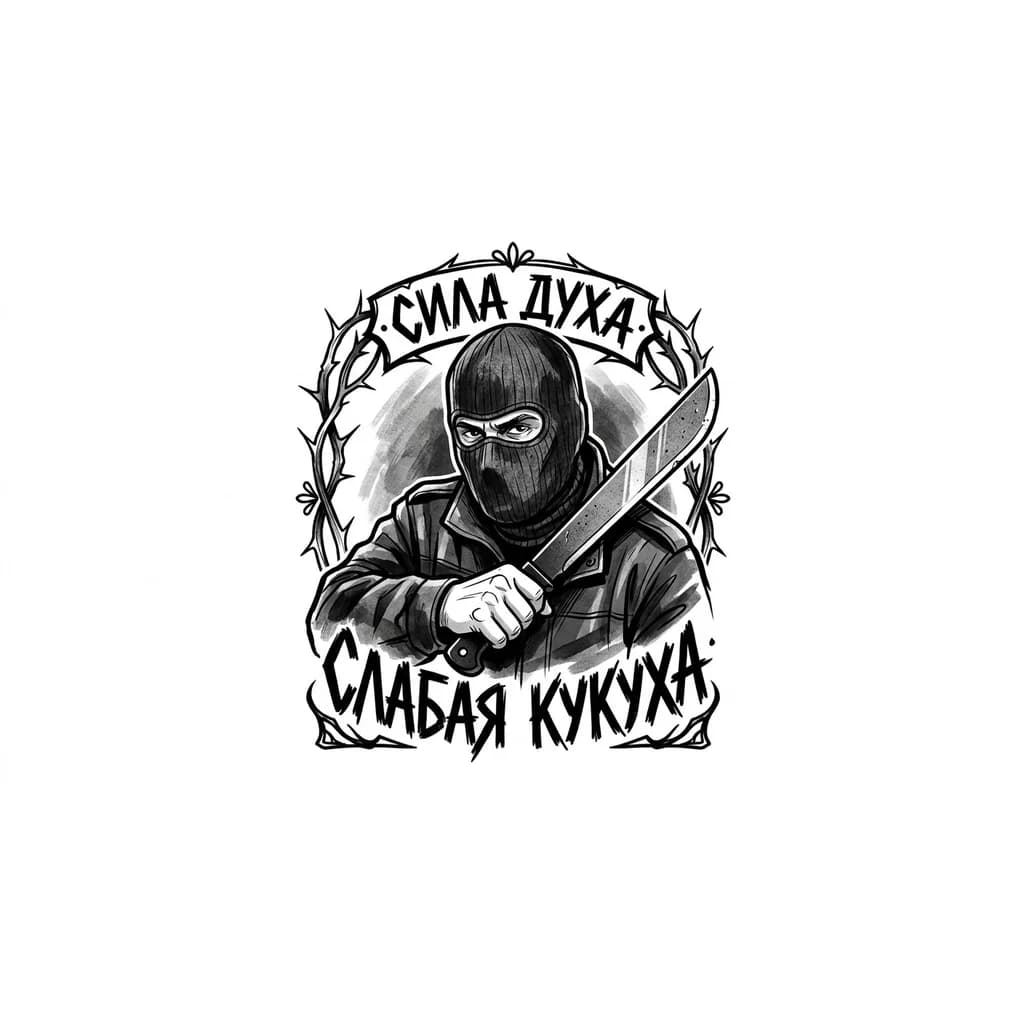 Тату эскиз: Мужчина в маске, в руке мачета, стиль Россия и красным цветом написано Сила духа  слабая кукуха