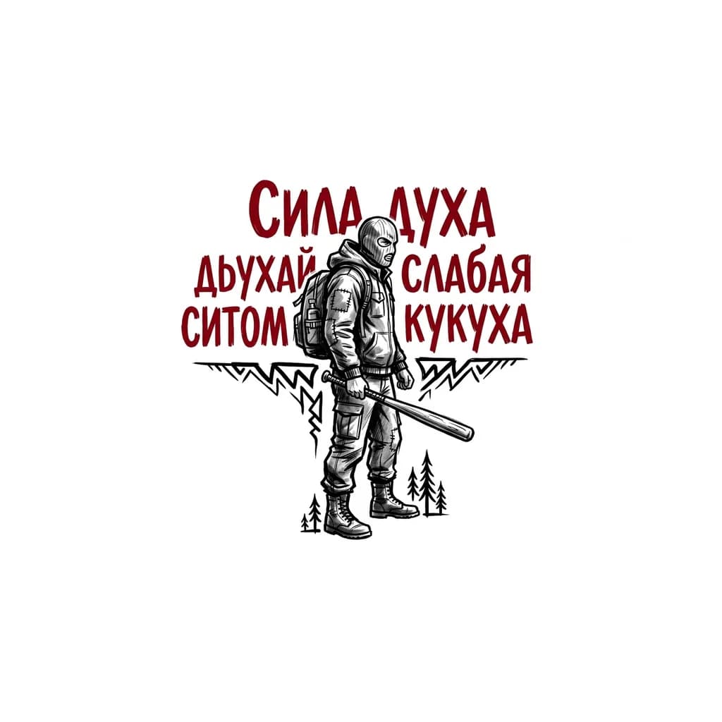 Тату эскиз: Мужчина в маске стоит боком, в руке бита, стиль Россия и красным цветом написано Сила духа  слабая кукуха