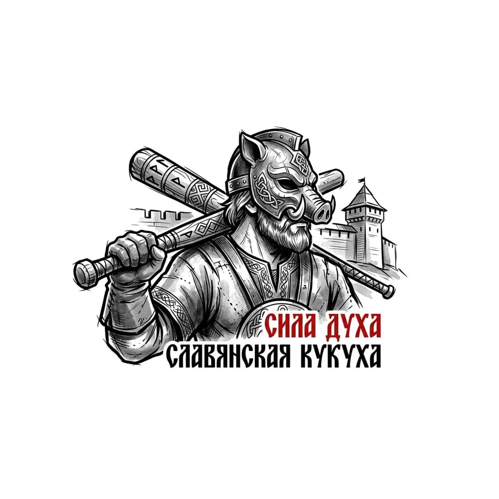 Тату эскиз: Парень в маске смотрит в право, в руке бита, стиль Россия и красным цветом написано Сила духа славянская кукуха