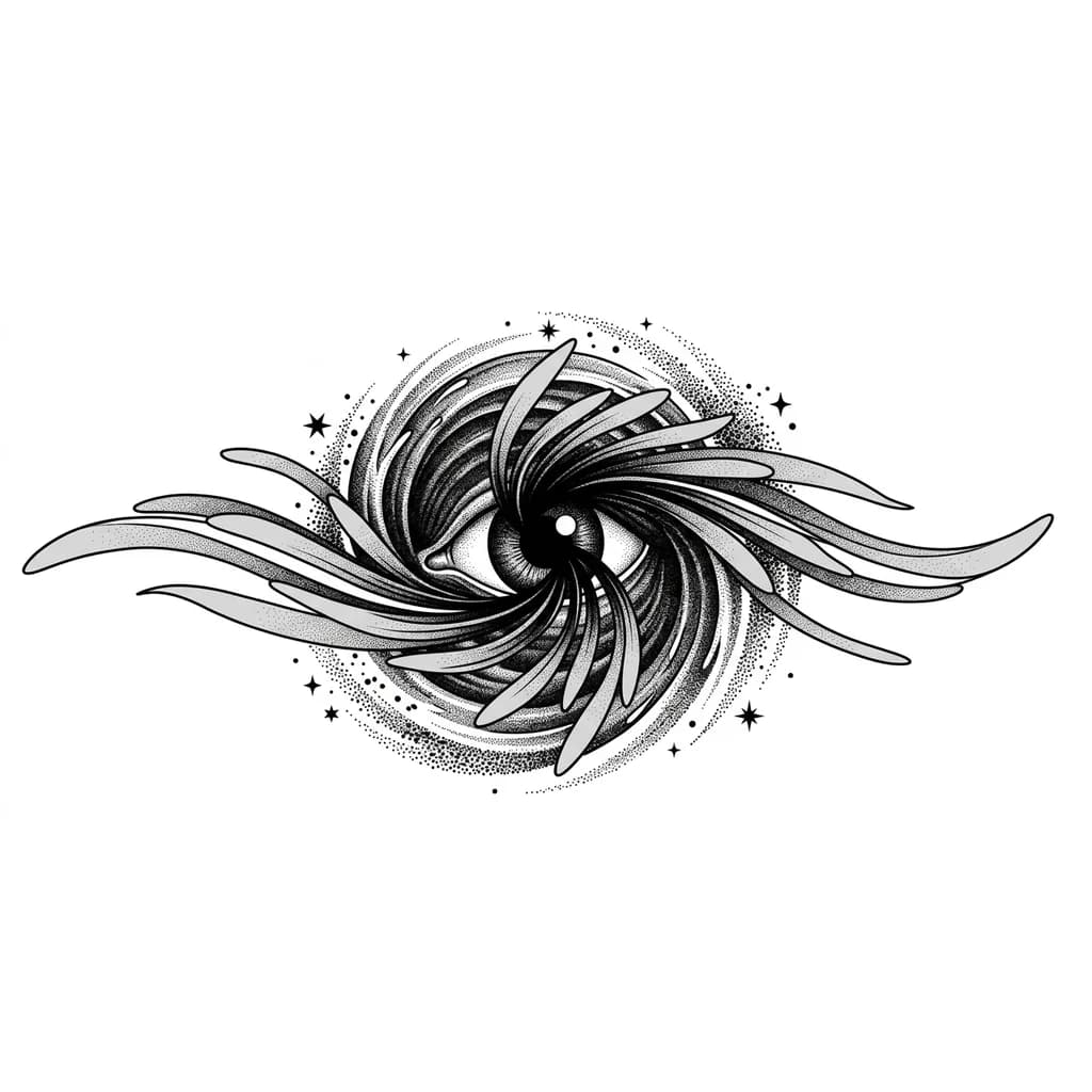 Тату эскиз: Black-grey tattoo sketch, high contrast dotwork/engraving. Central eye in spiraling water whirlpool with elongated petal-like blades starting from iris/pupil, tips stretching beyond eye into empty space. Ink darkens toward center: blade edges light grey, eye area pitch black. Outside whirlpool, tiny black stars and stippled dots near blade tips appear sucked into vortex. Clean white background, pure blackwork, symmetrical. --no color, no realistic veins, no blue (496 characters)