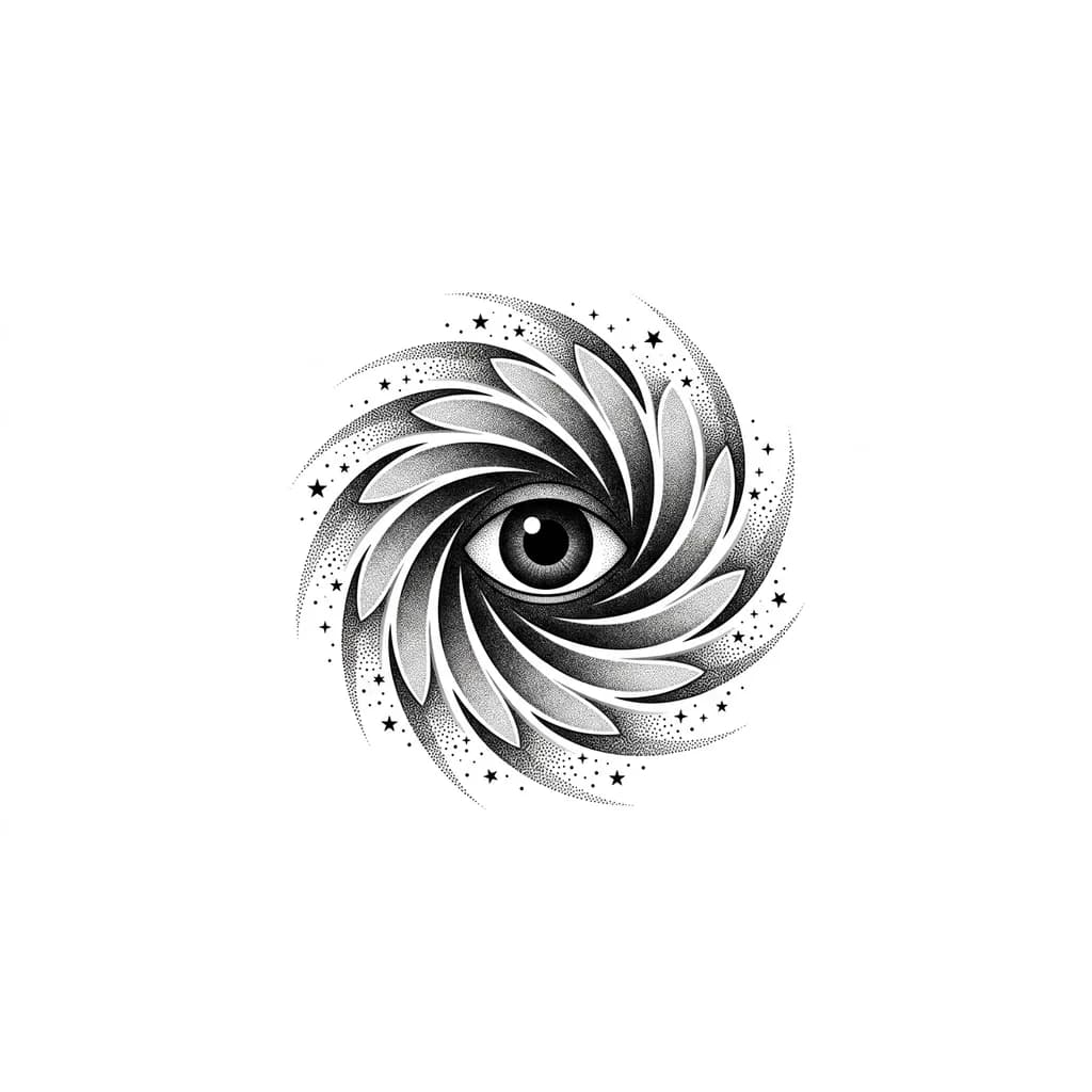 Тату эскиз: Black-grey tattoo sketch, high contrast dotwork/engraving. Central eye in spiraling water whirlpool with elongated petal-like blades starting from iris/pupil, tips stretching beyond eye into empty space. Ink darkens toward center: blade edges light grey, eye area pitch black. Outside whirlpool, tiny black stars and stippled dots near blade tips appear sucked into vortex. Clean white background, pure blackwork, symmetrical. --no color, no realistic veins, no blue (496 characters)