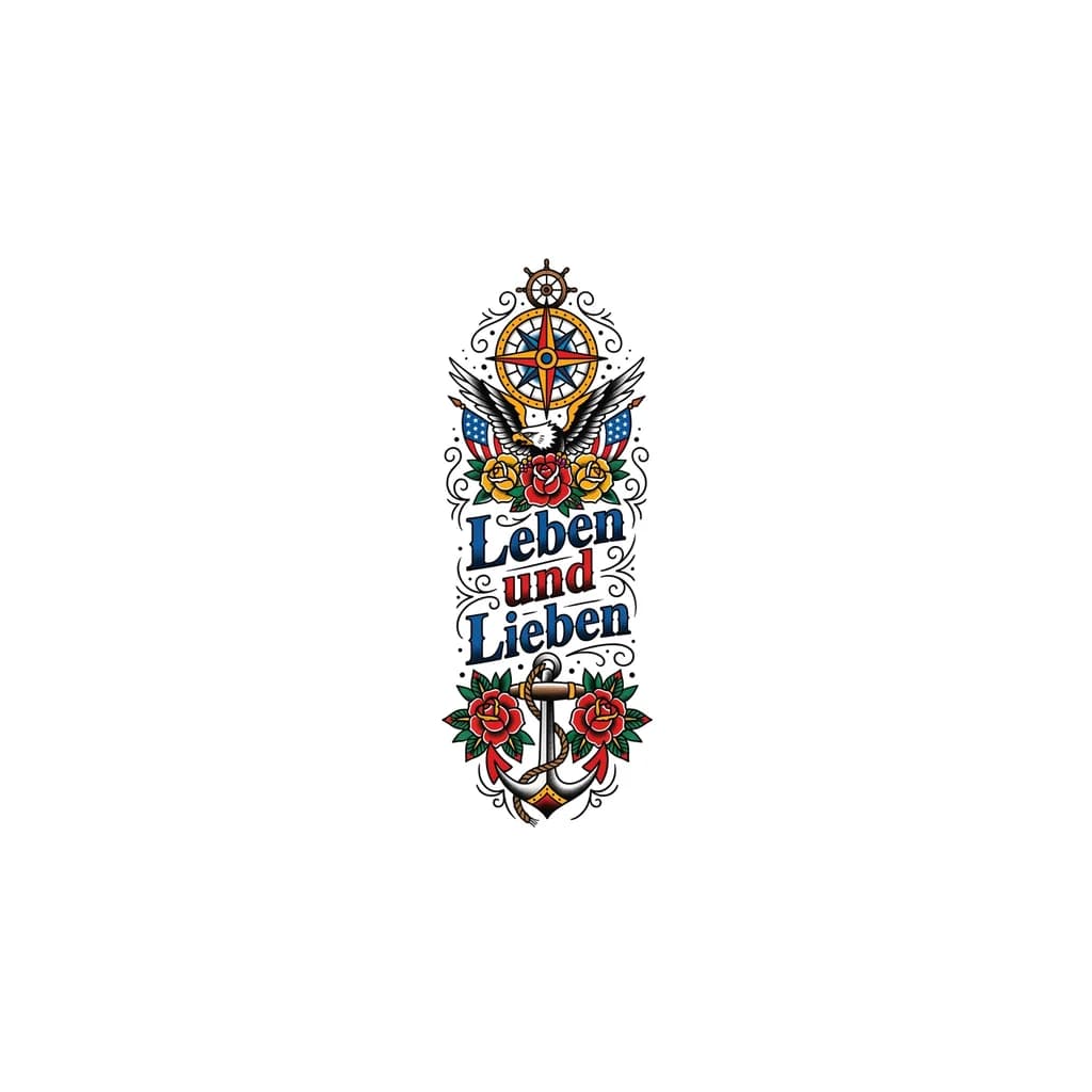 Тату эскиз: Фраза “Leben und Lieben” на позвоночнике , но чтобы фраза была с самого начала и до конца спины, немного удлинено 
Слово «und» красным цветом 
