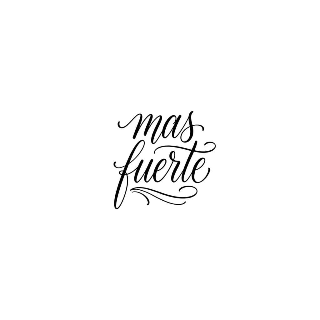 Minimalist full forearm tattoo design, only text “mas fuerte”. Elegant calligraphy lettering flowing from wrist to elbow along the inner forearm. Black ink, thin to medium line weight, smooth flowing script with long graceful flourishes and subtle swashes. High contrast, realistic skin mockup, soft studio lighting, neutral background. Tattoo centered along the arm, clean minimal style, no extra elements, no symbols, no shading, no color.
