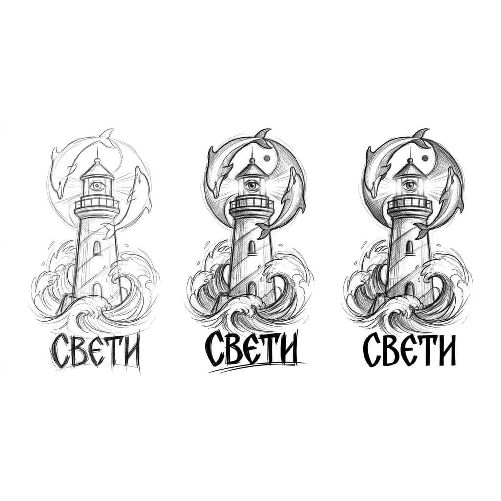 Тату эскиз: Маяк омывается волнами под которыми графичная надпись СВЕТИ, фонарь маяка светит, на месте фонаря маяка детализированный глаз, фонарь маяка огибают дельфины в форме инь-ян