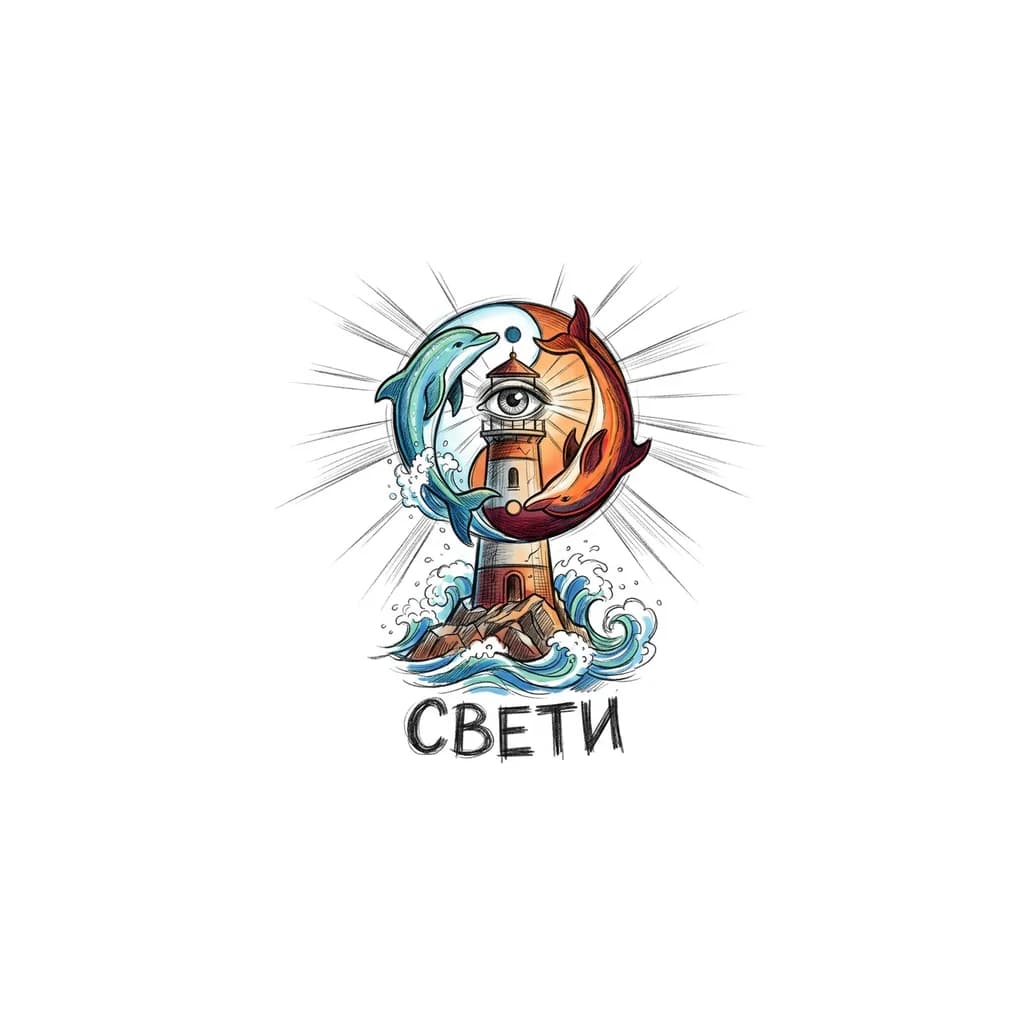 Тату эскиз: Маяк омывается волнами, под ними надпись СВЕТИ, от фонаря маяка расходятся лучи, вместо фонаря маяка детализированный глаз, фонарь маяка огибают дельфины в форме инь-ян, лучи от фонаря выходят за пределы символа инь-ян