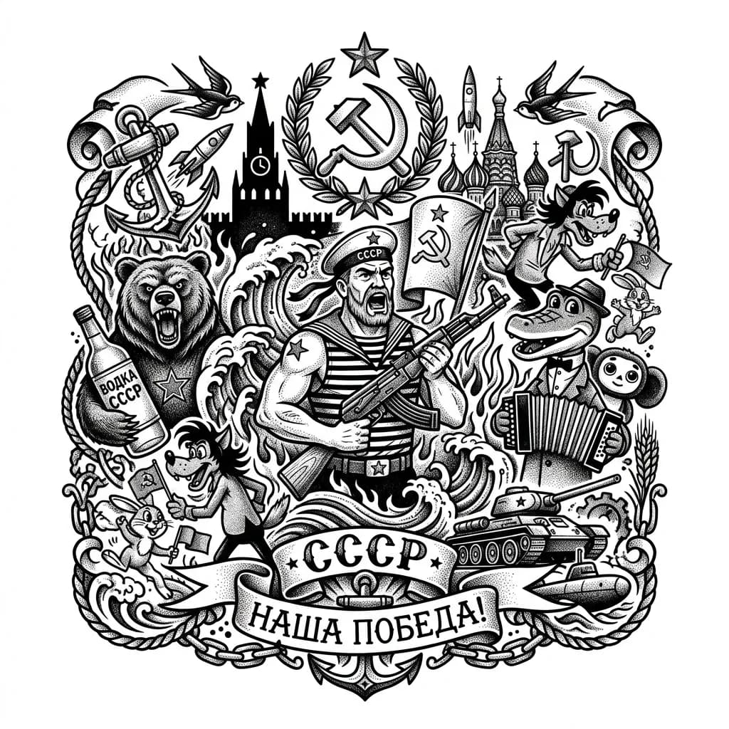 Тату эскиз: Эскиз в стиле андеграунд с советскими мультфильмами и Россией много героев и деталей 