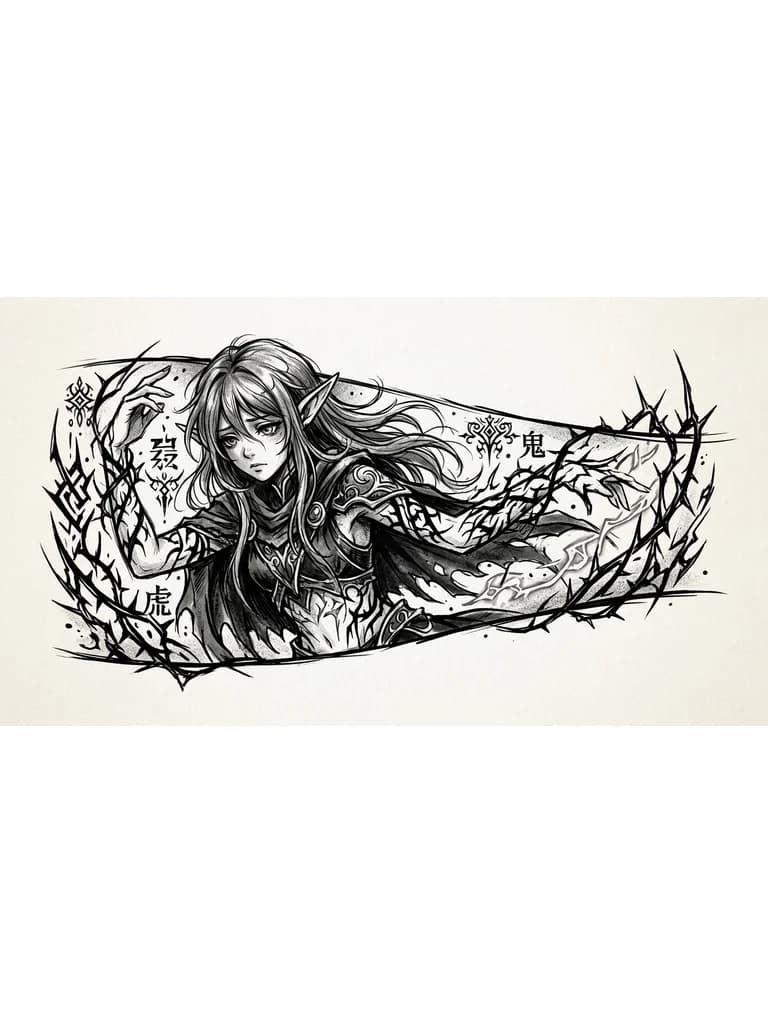 Тату эскиз: Anime dark fantasy tattoo sketch, high-contrast black and white, ethereal elf girl with blank void black eyes, gloomy and haunting expression, messy long hair. Her body is entwined with sharp, aggressive cyber-sigilism patterns, thorns, and jagged abstract lines. Rough sketchy style, heavy ink strokes, experimental blackwork, white background, minimalist flat composition, sharp thorns rising behind her.