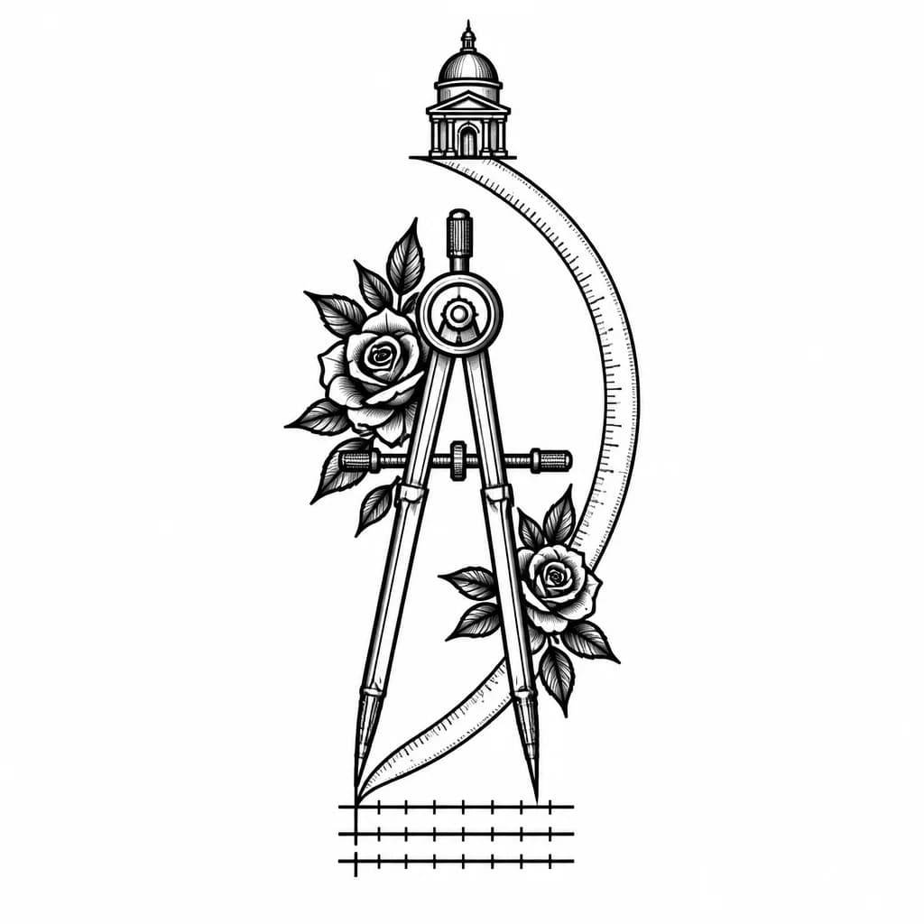 Тату эскиз: Скетч-чертёж
Расположение на руке:

Кисть: 3 параллельные линии (3–4 см длиной) с отметками-засечками через 0,5–1 см.

Предплечье: циркуль «рисует» дугу. Высота циркуля — 4–5 см. Дуга начинается от ножки циркуля и плавно переходит в шкалу сантиметра.

Плечо: шкала сантиметра изгибается вдоль руки (6–8 см), деления через 0,5 см. В верхней части — миниатюрный значок (дом или купол, 1–1,5 см в высоту).