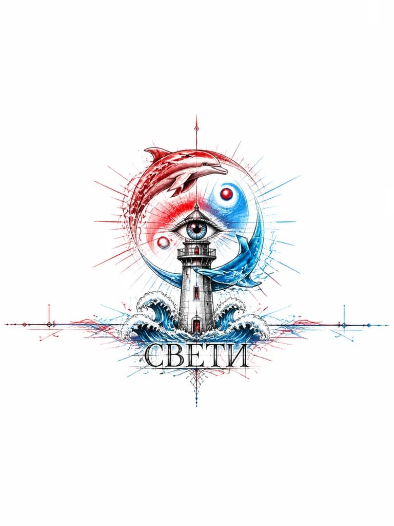 Тату эскиз: Маяк омывается волнами под которыми графичная надпись СВЕТИ, фонарь маяка светит, на месте фонаря маяка детализированный глаз, фонарь маяка огибают дельфины в форме инь-ян, используй в генерации яркие насыщенные цвета красные и синие, символ инь-ян хорошо считывается от него расходятся лучи