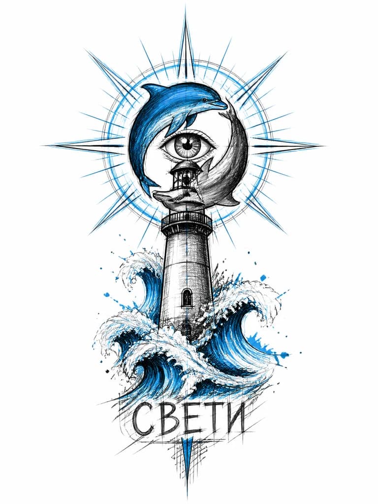 Тату эскиз: Маяк омывается волнами под которыми надпись СВЕТИ набросанная карандашом, на месте фонаря маяка детализированный глаз, глаз огибают дельфины в форме инь-ян, оба дельфина виды, используй в генерации яркие насыщенные цвета, маяк полосатый, символ инь-ян хорошо считывается от него расходятся лучи в виде полос из двойных линий с затемнением внутри, исполни рисунок в простой скетчевой манере