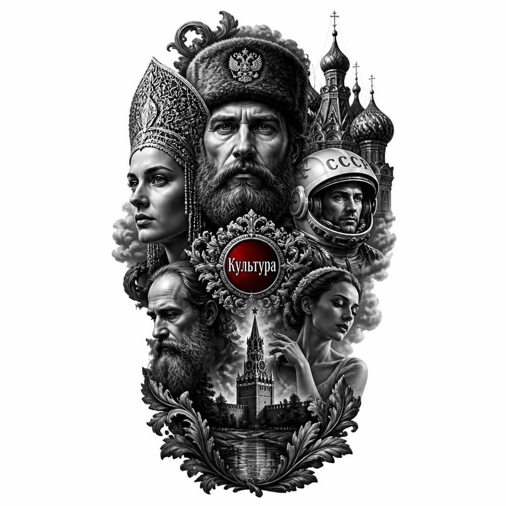 Тату эскиз: Хочу тату в русском стиле с красным элементом без лиц людей, возможно какие нибудь строения или природа 