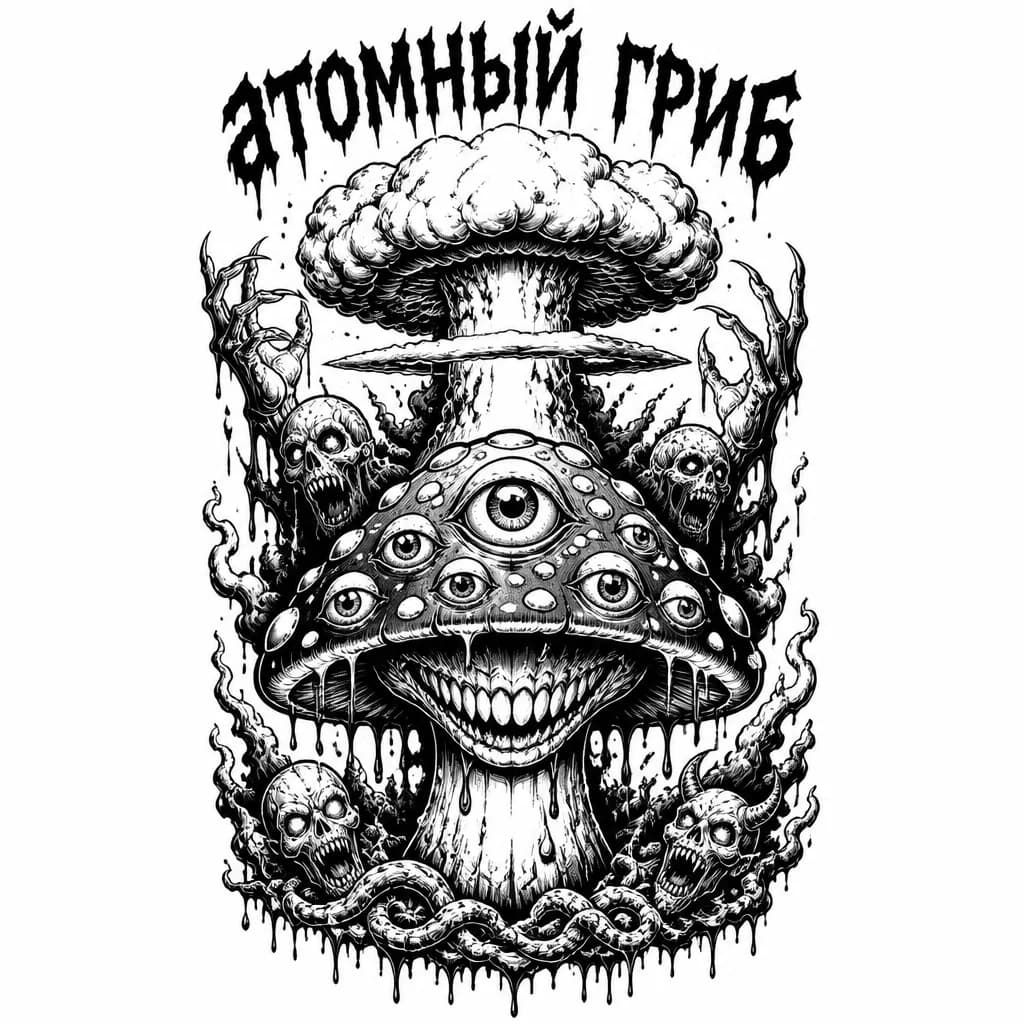 Тату эскиз: Мухомор с множеством глаз и зловещей улыбкой  на фоне ядерного взрыва с надписью атомный гриб 