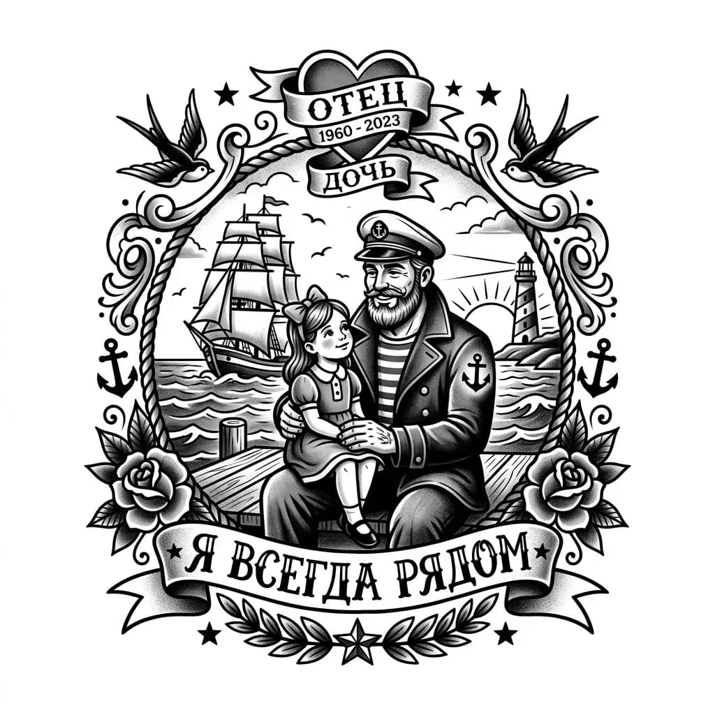 Тату эскиз: Папа с дочкой в память о отце 