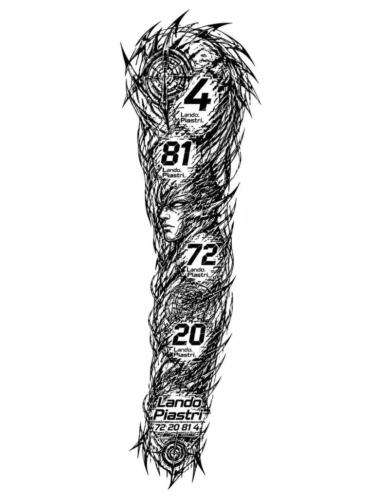 Тату эскиз: add the inscriptions Lando. Piastri. to the numbers 4, 81, 72, and 20.