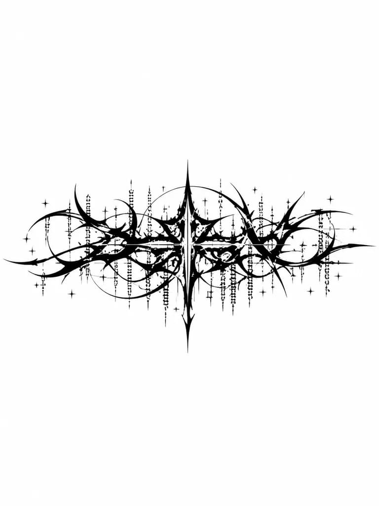 Тату эскиз: Vertical tattoo flash, cyber-sigilism style. Hidden abstract cross formed by sharp liquid metal lines and thorns. Subtle sword motif integrated into ornamental patterns, not literal. Long curved neo-tribal wisps with jagged edges. Background with faint illegible gothic script and ink scratches. Sparkling tiny stars. Solid black ink on white background, high contrast, aggressive dark aesthetic, y2k gothic vibe, clean bold lines, minimalist composition.