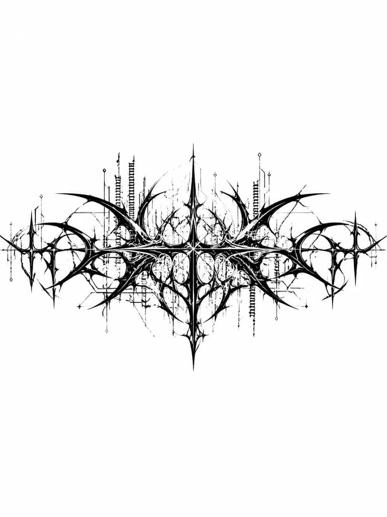 Тату эскиз: Vertical tattoo flash, cyber-sigilism style. Hidden abstract cross formed by sharp liquid metal lines and thorns. Subtle sword motif integrated into ornamental patterns, not literal. Long curved neo-tribal wisps with jagged edges. Background with faint illegible gothic script and ink scratches. Sparkling tiny stars. Solid black ink on white background, high contrast, aggressive dark aesthetic, y2k gothic vibe, clean bold lines, minimalist composition.