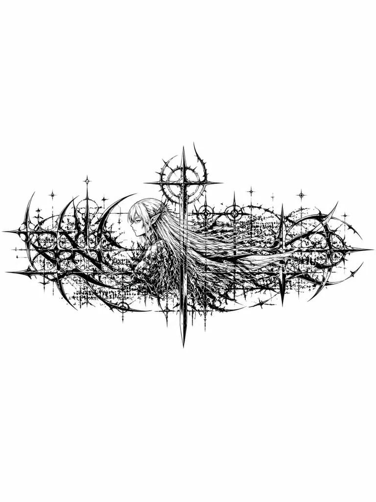 Тату эскиз: Long vertical forearm tattoo, cyber-sigilism. Subtle silhouette of Frieren integrated into abstract sharp lines, flowing elbow to wrist. Ethereal form made of thorns and liquid metal. Hidden elongated cross sword motif in center. Aggressive neo-tribal curves, jagged edges, anatomical flow. Background: faint messy gothic script, ink splatters, tiny stars. Solid black ink, white background, high contrast, dark anime aesthetic, intricate fine line work.