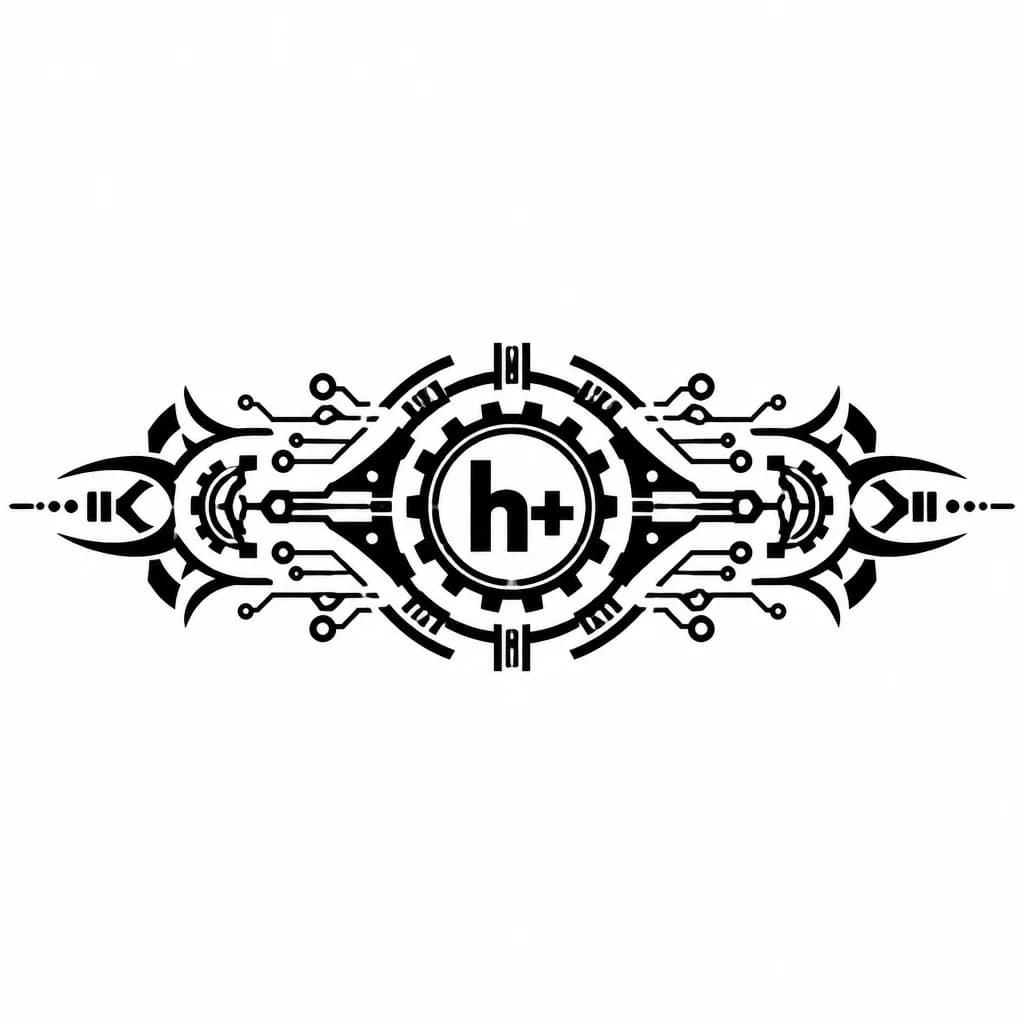 Тату эскиз: Маленькое Тату в стиле трансгуманизм, знак трансгуманизма h+ вписанный в шестерёнку 