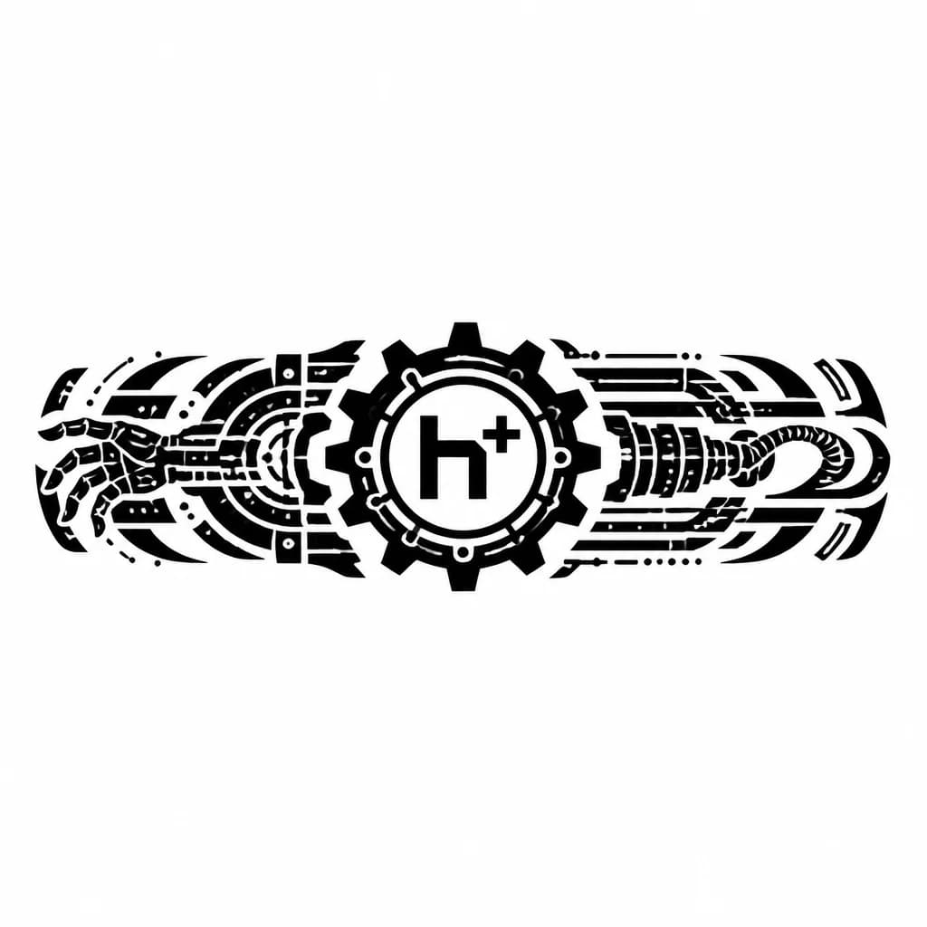 Тату эскиз: Маленькое Тату в стиле трансгуманизм, знак трансгуманизма h+ вписанный в шестерёнку 
