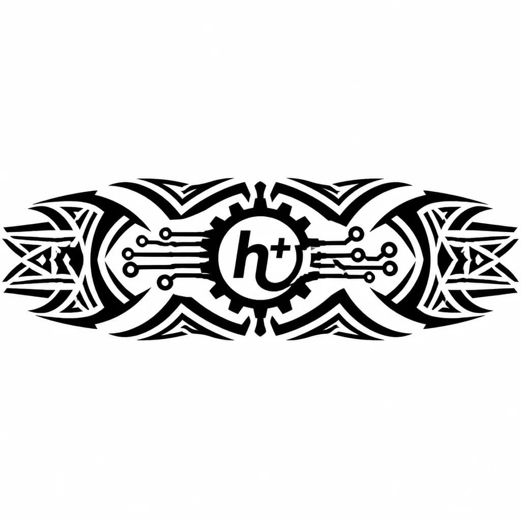 Тату эскиз: Маленькое Тату в стиле трансгуманизм, знак трансгуманизма h+ вписанный в шестерёнку где буква h переходит хвостиком в шестерёнку а он шестерёнки отходят контакты в две стороны 