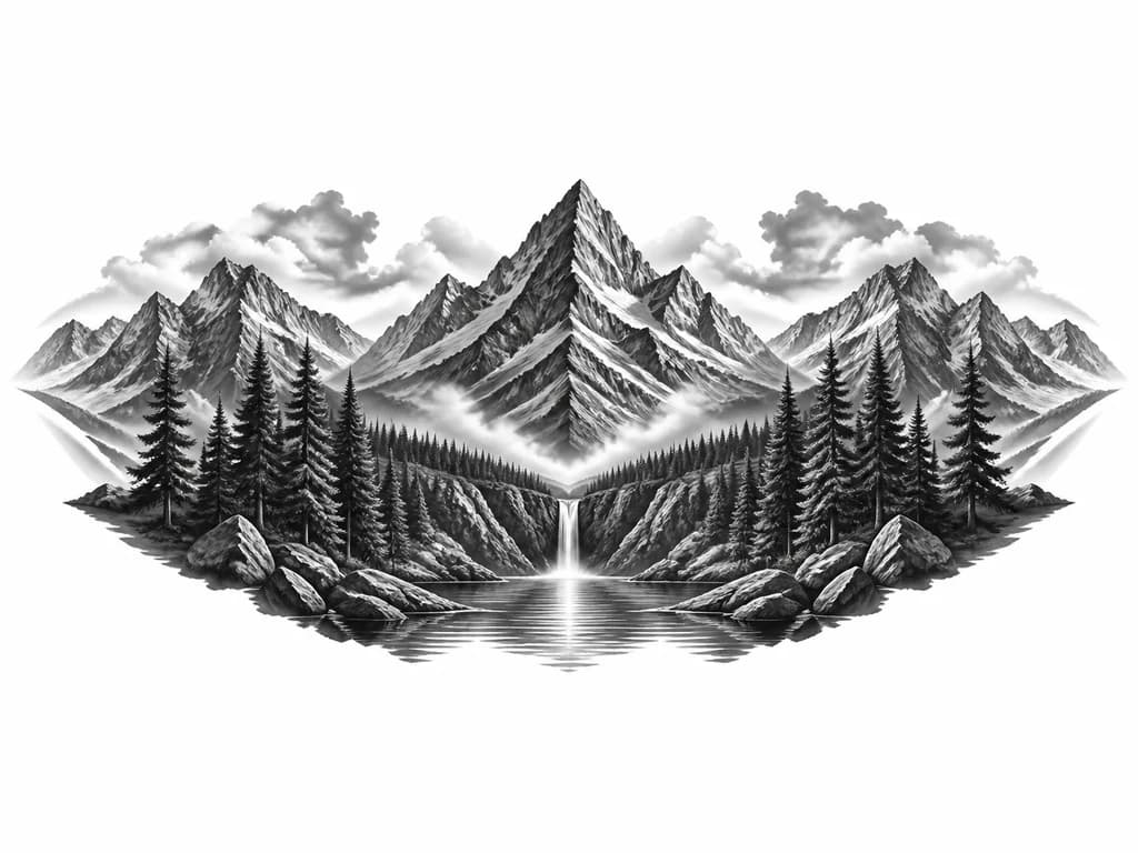 Тату эскиз: Горы с соснами