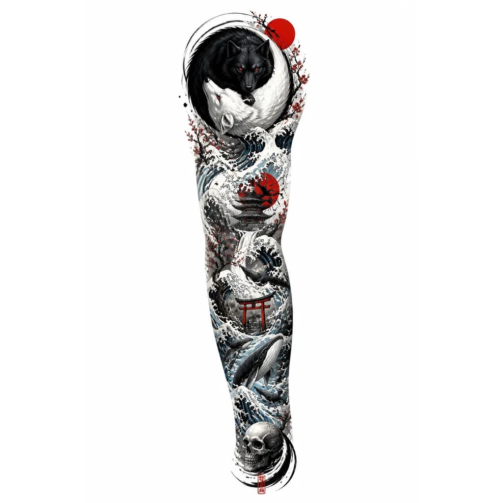 Тату эскиз: minimalist Japanese style tattoo design, black wolf and white wolf intertwined, yin yang composition, water and wave motifs in traditional ukiyo-e manner, sumi-e ink wash, negative space, thin clean lines, geometric balance, circular frame, soft grey watercolor splashes, red accents only on eyes or seal, pure white background, high contrast, graphic, tattoo flash art, vector-like precision --ar 2:3 --stylize 250