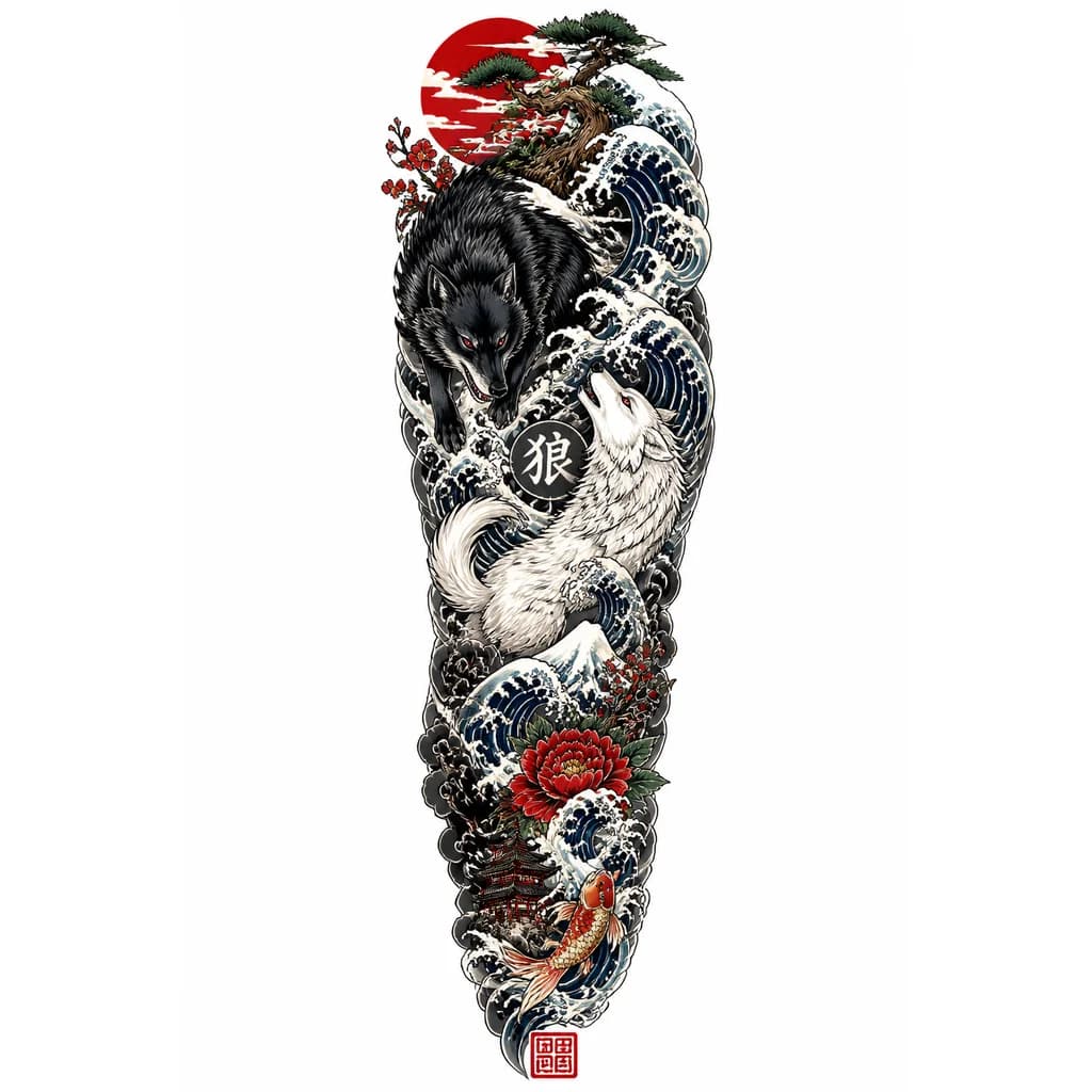 Тату эскиз: minimalist Japanese style tattoo design, black wolf and white wolf intertwined, yin yang composition, water and wave motifs in traditional ukiyo-e manner, sumi-e ink wash, negative space, thin clean lines, geometric balance, circular frame, soft grey watercolor splashes, red accents only on eyes or seal, pure white background, high contrast, graphic, tattoo flash art, vector-like precision --ar 2:3 --stylize 250