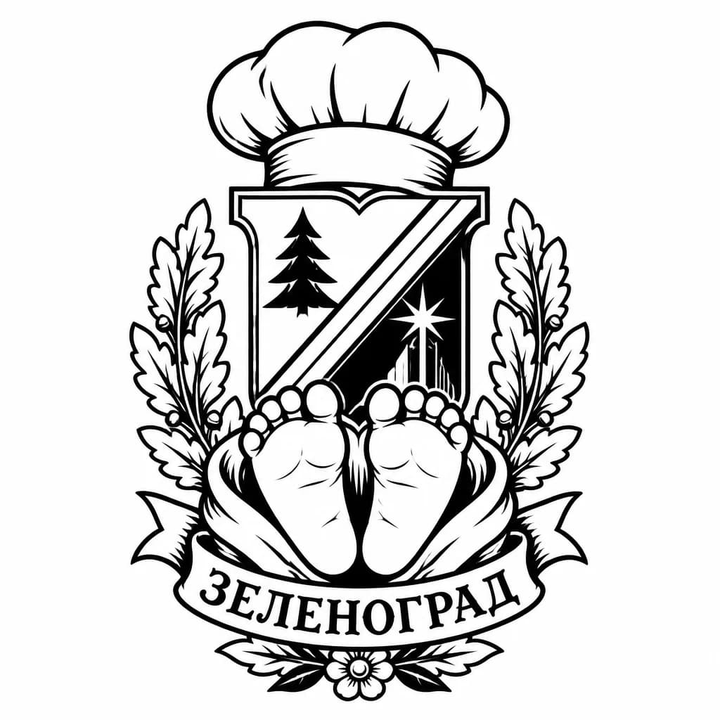 Тату эскиз: Хочу тату где изабраженны ножки новорождённого сына, герб города зеленоград, поварской колпак,