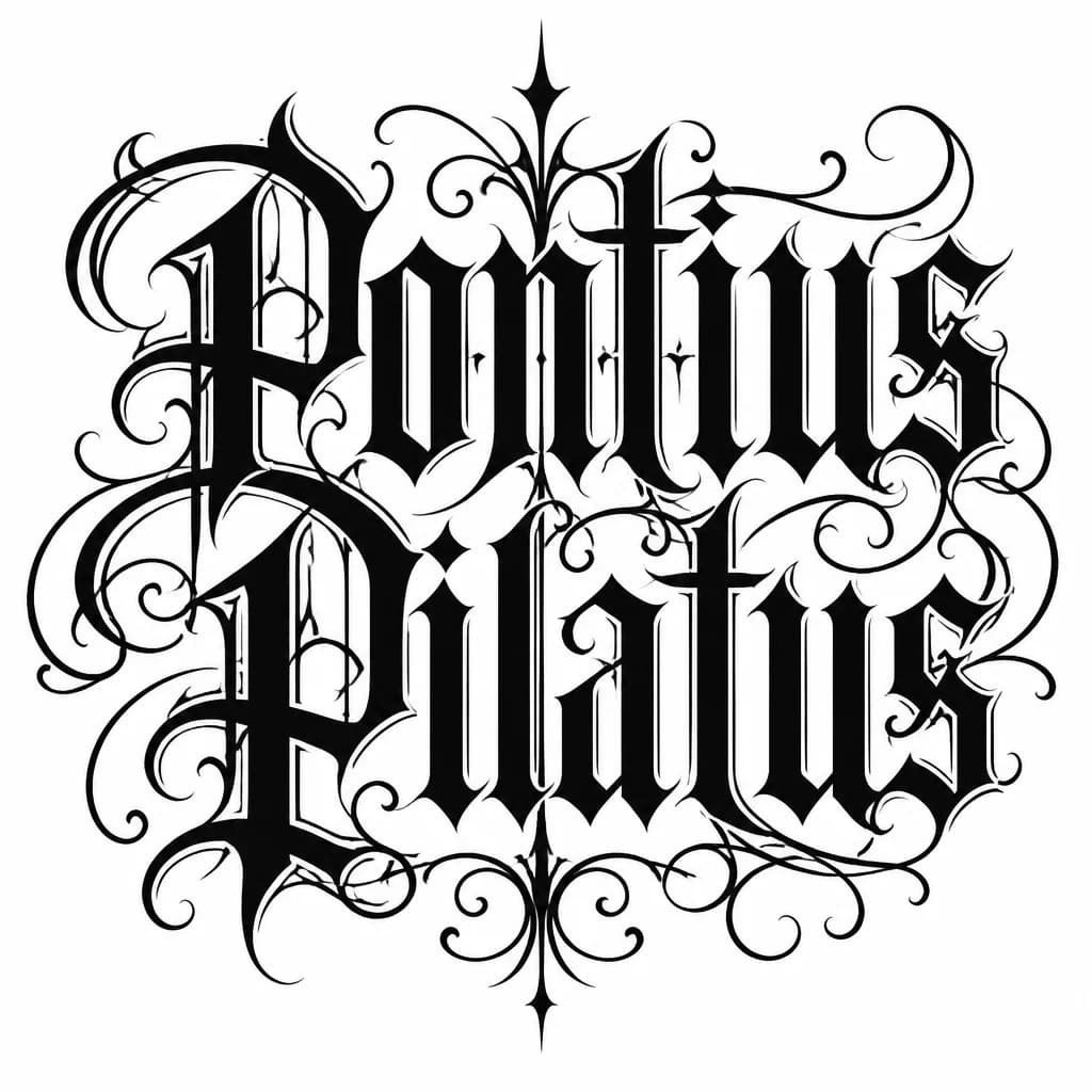 Тату эскиз: ЧБ. Надпись Pontius Pilatus. Готический стиль. Буквы наслаиваются немного друг на друга. На спину от плеча до плеча. Растянуто по высоте от ключицы до нижней грани лопаток.