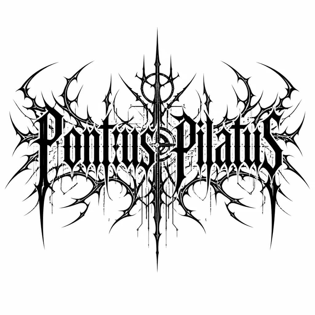 Тату эскиз: ЧБ. Надпись Pontius Pilatus. Готический стиль. Буквы наслаиваются немного друг на друга. На спину от плеча до плеча. Растянуто по высоте от ключицы до нижней грани лопаток. В одну строчку. 