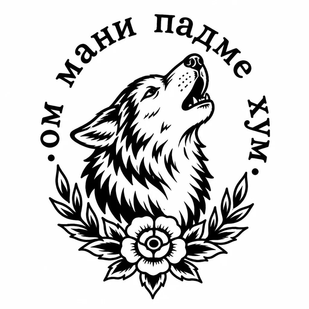 Тату эскиз: Волк и снизу мантра ом мани падме хум вокруг щиколотки