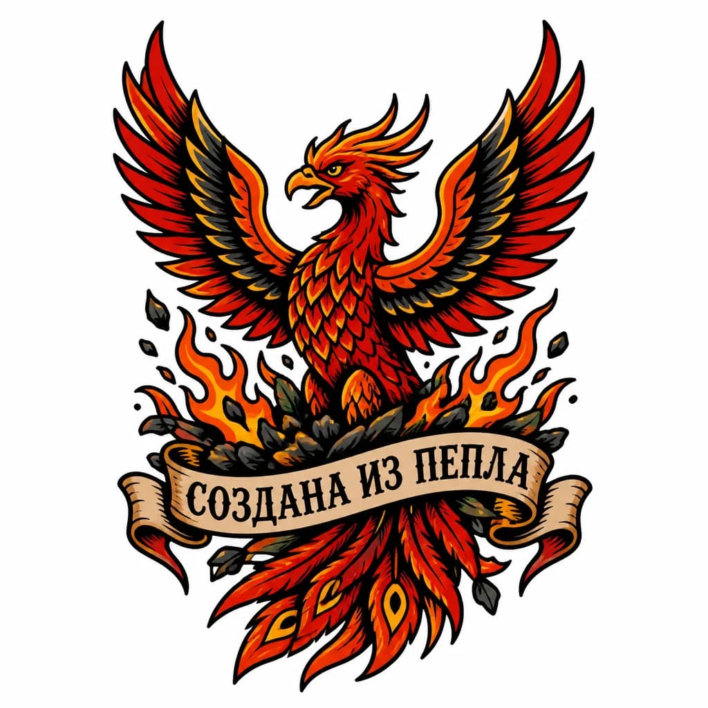 Тату эскиз: Красивый феникс и надпись на латыни создана из пепла 