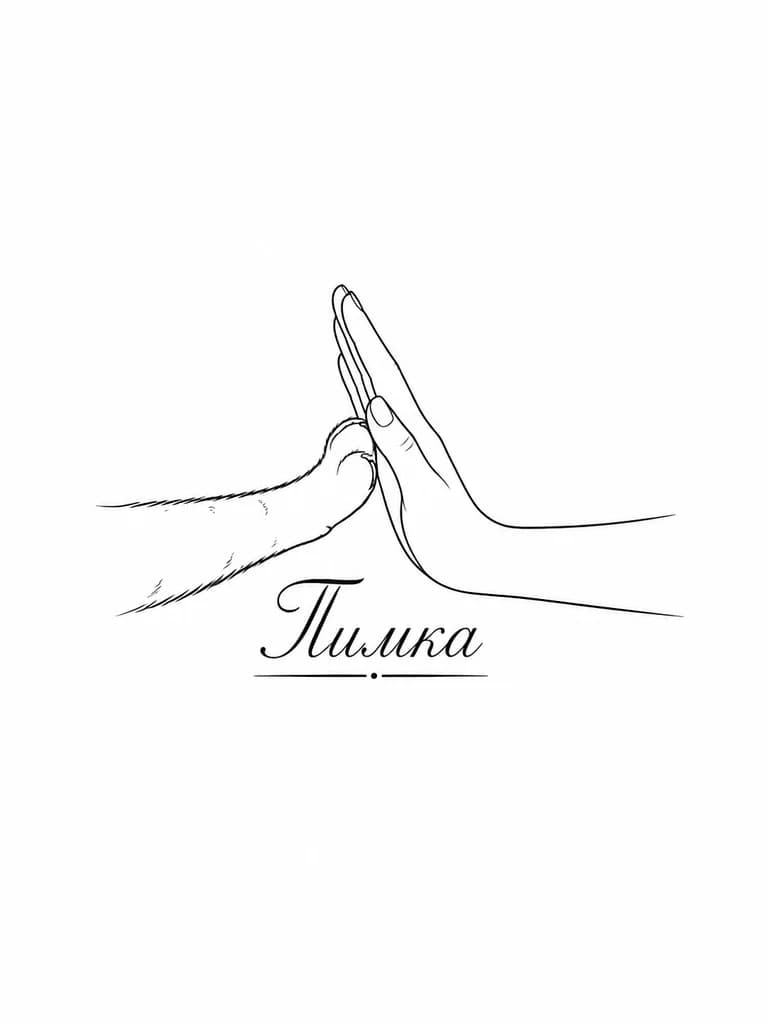 Тату эскиз: Контуром лапа кошки дает пять руке человека, а внизу красиво написано имя кошки - Тимка (подчеркнуто снизу) 