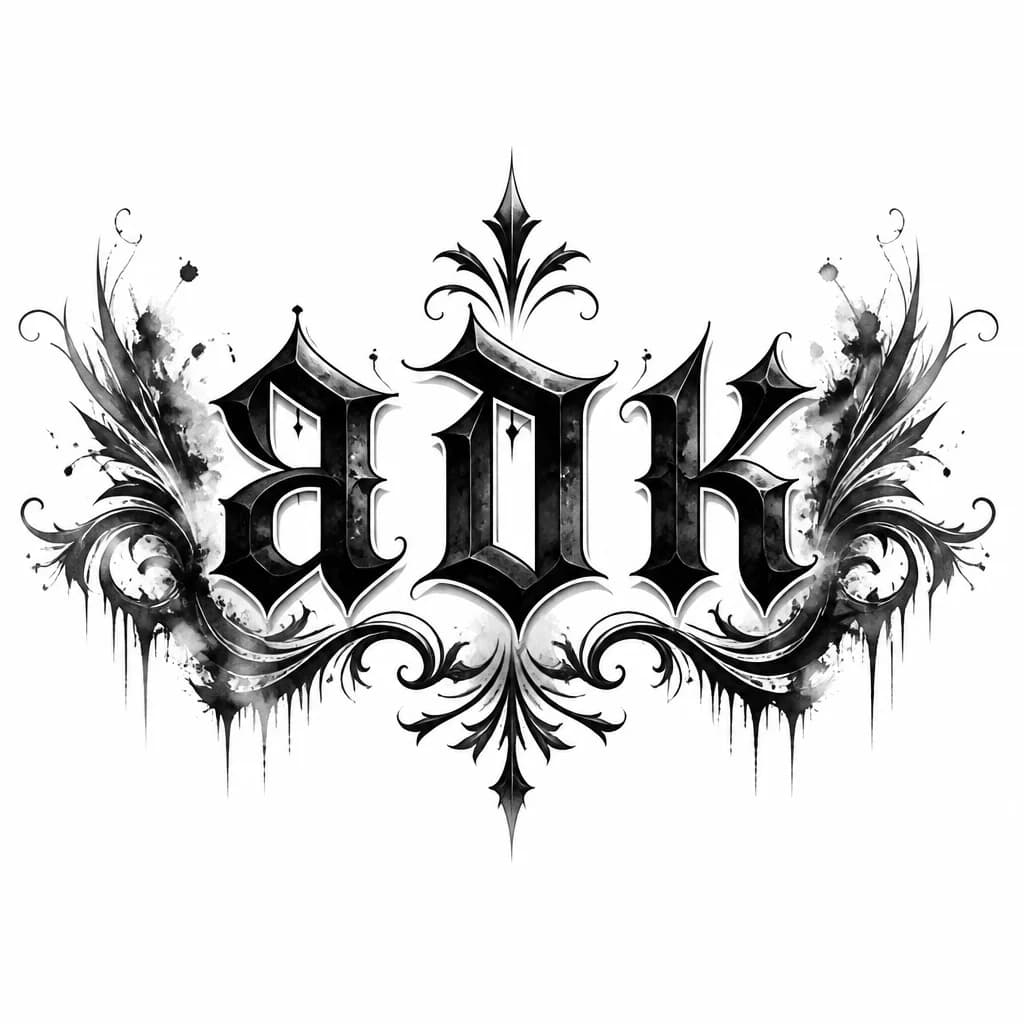 Тату эскиз: Tattoo design of three bold Cyrillic letters "А", "Д", "К" in a gothic blackletter style, interconnected, heavy black ink with subtle drop shadow, no background, high contrast, symmetrical composition, sleeve or forearm placement, black and grey, intricate serifs.