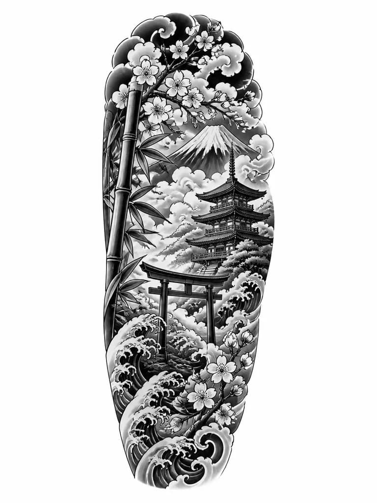 Тату эскиз: Japanese style forearm tattoo, black and grey half sleeve up to the elbow. Include traditional Japanese houses/pagodas or torii gates with clouds, smoke, bamboo, mountains, and sakura branches. No dragons, masks, or stairs. Strong irezumi inspiration, realistic shading, detailed blackwork, smooth flow around the arm, masculine and atmospheric composition.