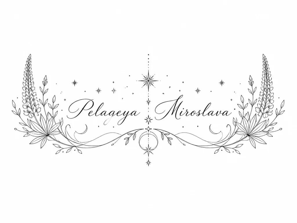 Тату эскиз: имена расположены рядом маленькие звезды и люпины