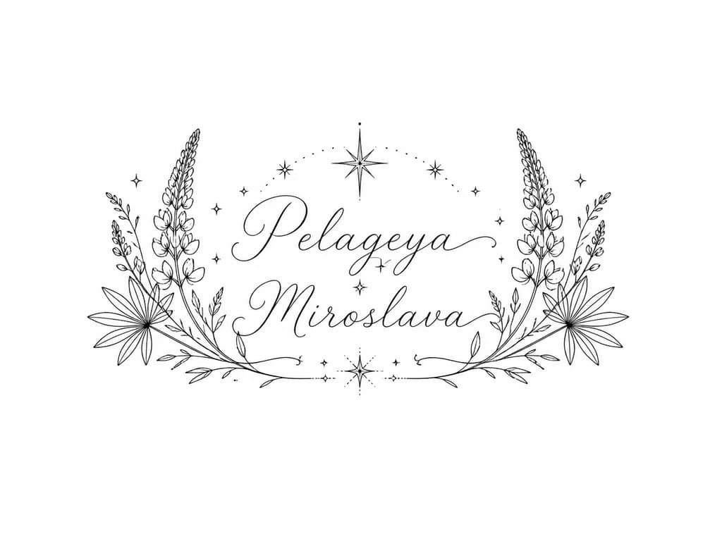 Тату эскиз: имена расположены друг по другом рядом маленькие звезды и люпины