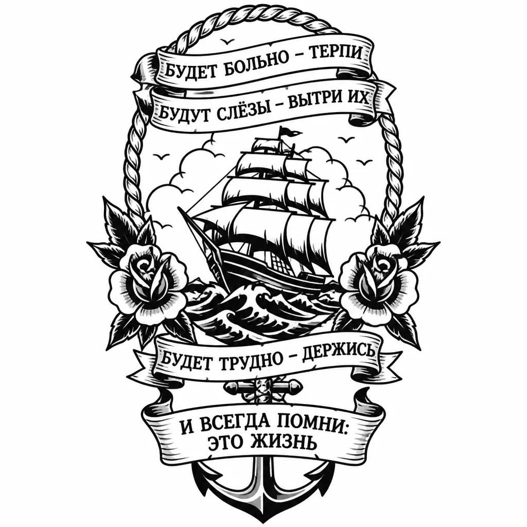 Тату эскиз: Будет больно — терпи,Будут слезы — сотри,Будет трудно — держись,И всегда помни: это жизнь.
Добавить эту надпись на русском языке на этот эскиз не убирая даты 