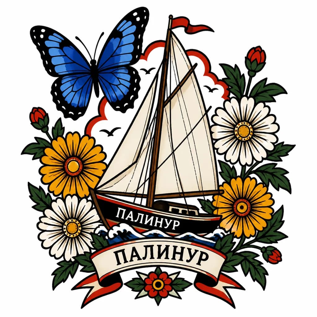 Тату эскиз: Голубой морфо минелая и парусник ПАЛИНУР среди ромашковидных хризантем
