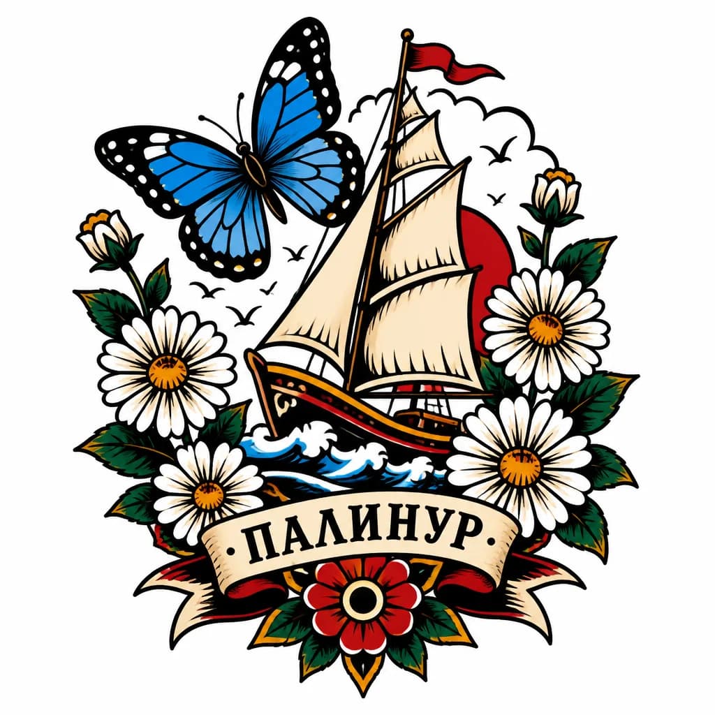Тату эскиз: Голубой морфо минелая и парусник ПАЛИНУР среди ромашковидных хризантем