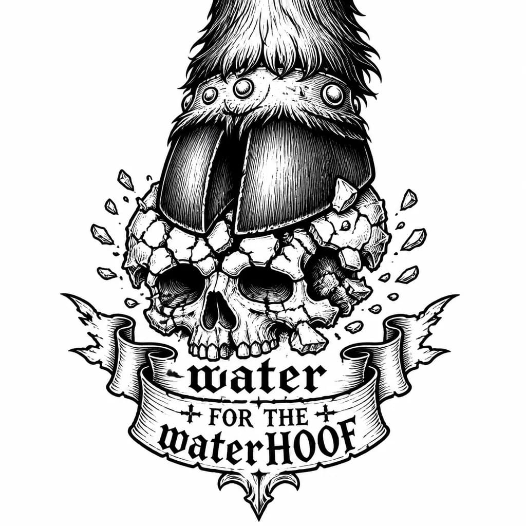 Тату эскиз: Tauren hoof crushing a fractured human skull, broken skull pieces, gothic heraldic banner below with the text "BLOOD FOR THE BLOODHOOF", tattoo design, blackwork, high contrast, heavy black shading, thick contour lines, detailed cracks and bone fragments, clean negative space, no background, stencil-friendly layout, bold composition, dark fantasy style.